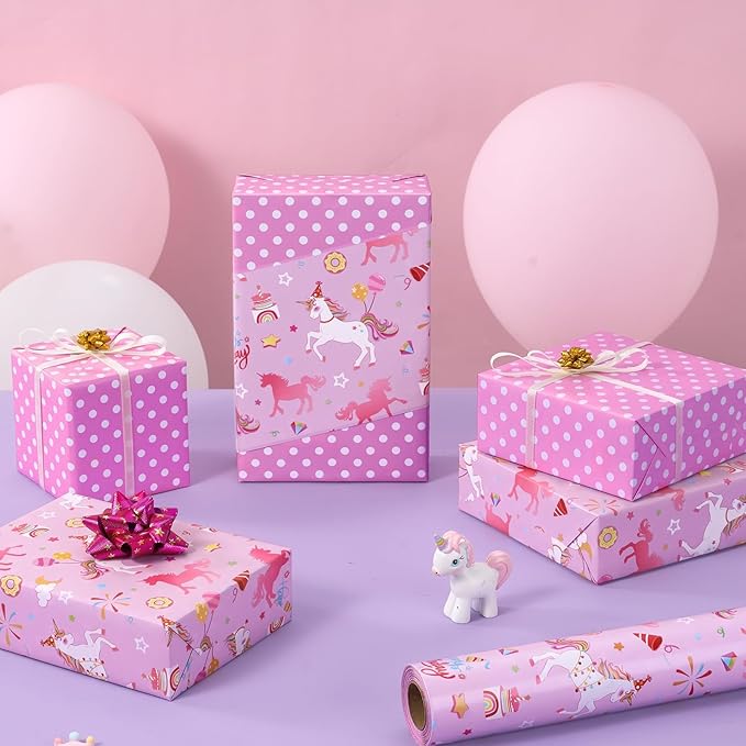 WERNNSAI 17”x 66 ft Unicorn Gift Wrapping Paper Jumbo Roll - 1 Roll Happy Birthday Gift Packing Paper Reversible Purple Unicorn Wrapping Paper for Girls Kids Birthday Party Gift Wrap with Polka Dot De