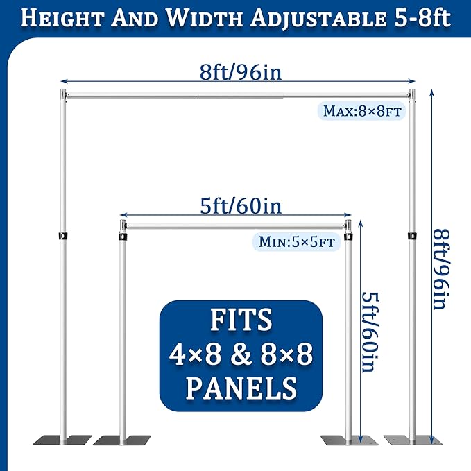 Adjustable Backdrop Stand Heavy Duty 5–8 ft (1.5–2.4 m), Aluminum Alloy + Iron, Stable & Assembly-Friendly Display Stand for Flower Wall, Photo Booth, Weddings & Events
