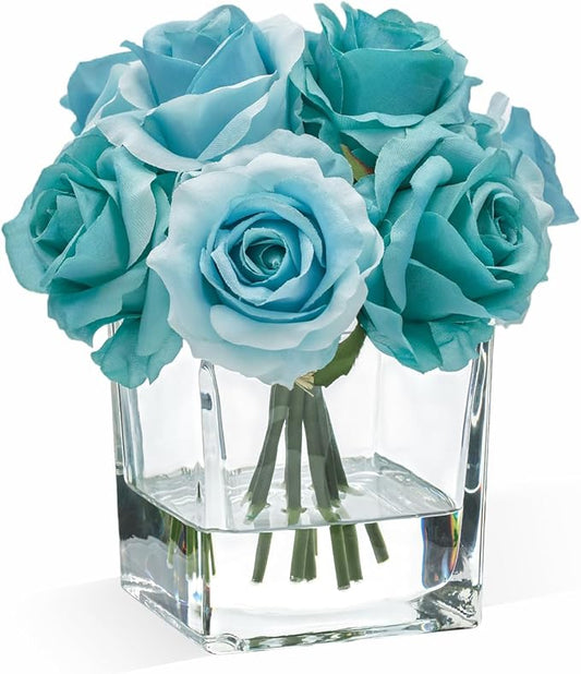 WELL KNOWN Rose Artificial Flowers in Vase with Faux Water, Silk Rose Table Centerpieces for Home Coffee Table Decor, Fake Roses Flower Arrangements for Office Hotel Lavatory Decor (Teal Blue)