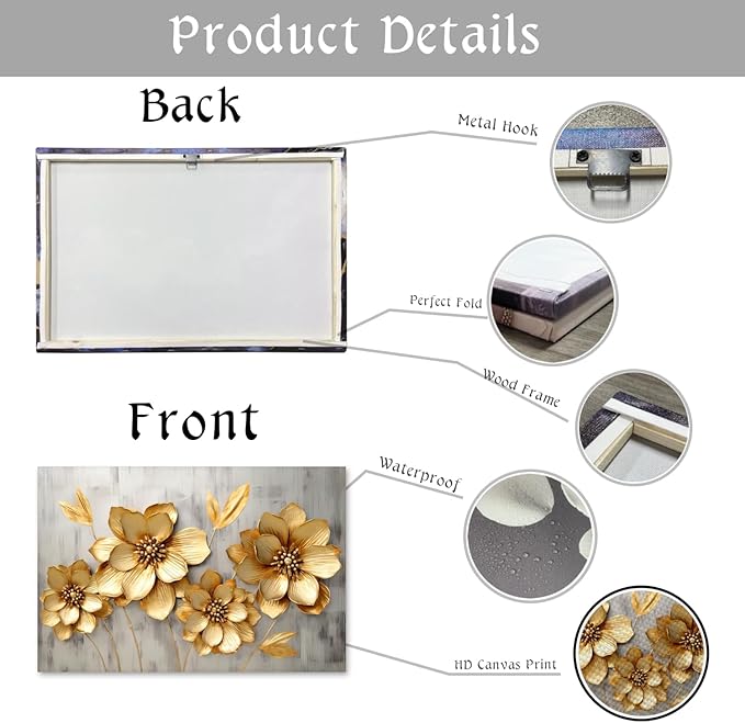 KPLUNDO Canvas Prints Wall Art Gold Flower Picture Gray Poster Landscape Painting Aesthetics Artwork Home Decor for Living Room Kitchens Decoration Gallery Wrap Ready to Hang(Art-2,20.00x30.00 inch)