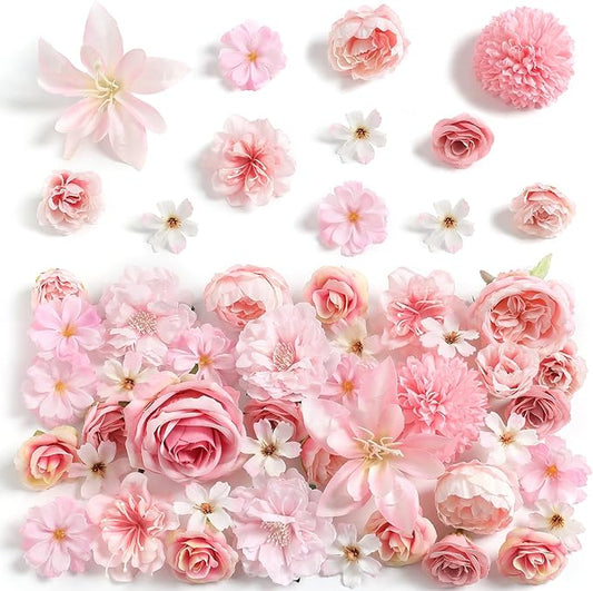 Fake Flower Heads for Crafts - Pink Silk Artificial Roses, Peonies, Daisies & Mini Floral Heads Bulk (48-Pack) for Wedding Decor, Graduation Cap, Cake Topper, Baby Shower, Home Decoration
