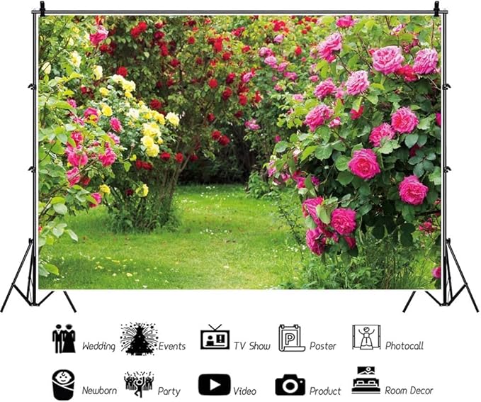 Renaiss 10x6.5ft Spring Garden Backdrop Red Pink Rose Flower Park Floral Green Leaf Grass Natural Landscape Photography Background for Wedding Bridal Shower Party Decor Photo Booth Props