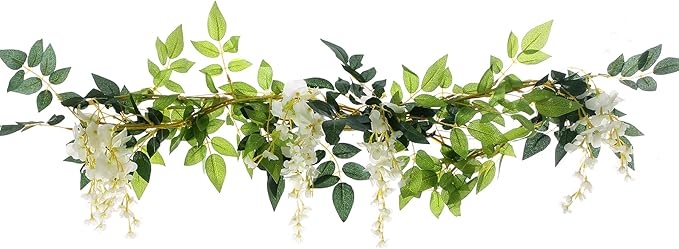 2Pcs 6.6Ft Artificial Flowers Vines Silk Wisteria Artificial Garlands Fake Hanging Green Leaf Flower Ivy Vines for Home Garden Wedding Arch Decor, White