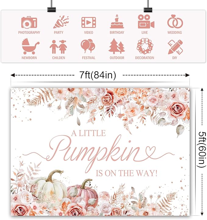 7x5ft Pumpkin Baby Shower Backdrop for Girls Pink Floral Leaves Photography Background Newborn Baby Shower Party Decorations Little Pumpkin Backdrops Banner Supplies Studio Photo Booth Props