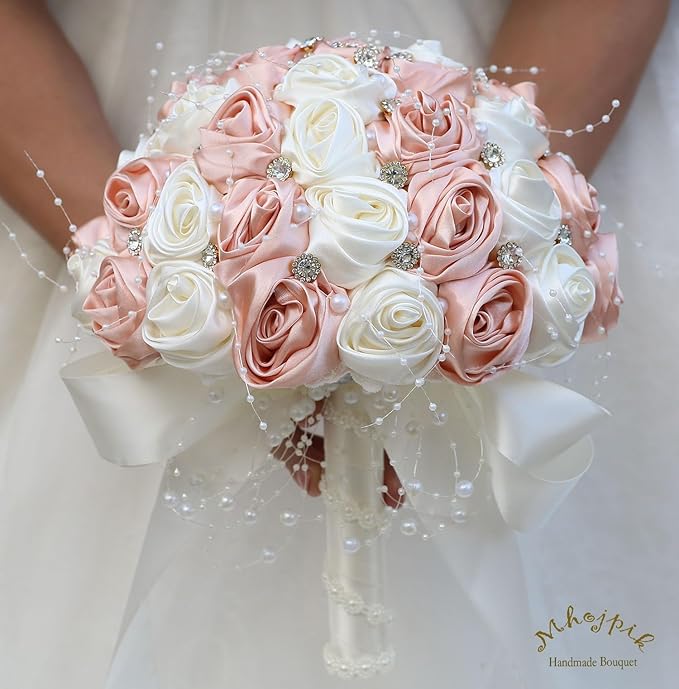 Bridal Wedding Bouquet Round Bling Brooch Bouquet Throw Toss Artificial Rose Flower Bunch for Bride Bridesmaid Wedding Quinceanera(Peach Pink & Ivory, 8.7")