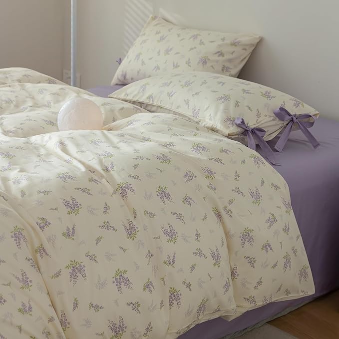EAVD Botanical Floral Duvet Cover King Soft 100% Cotton Chic Garden Floral Bedding Set with 2 Pillowcases Fresh Purple Floral Comforter Cover with Zipper Closure Ties
