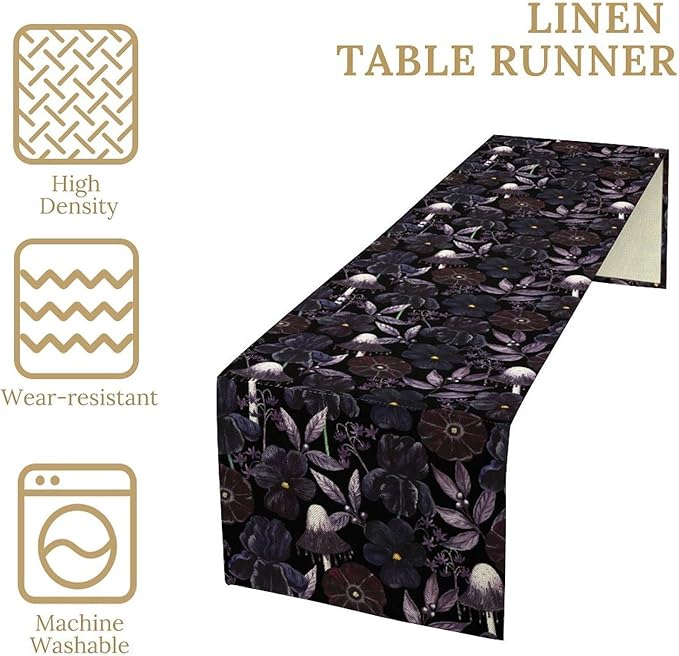 Gothic Floral Table Runner, Dark Purple Vintage Garden Flower Witchy Mushroom Farmhouse Coffee Table Center Decor for Home Kitchen Dining Patio Holiday Party Table Decorations 13x108 inches