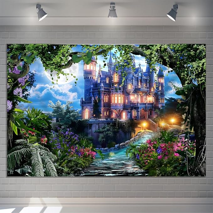 12x8ft Spring Fantasy Castle Palace Backdrop Vinyl Fairy Tale Prince Princess Flower Forest Wonderland Castle Photography Background Girl Home Decor Birthday Party Portrait Photo Props