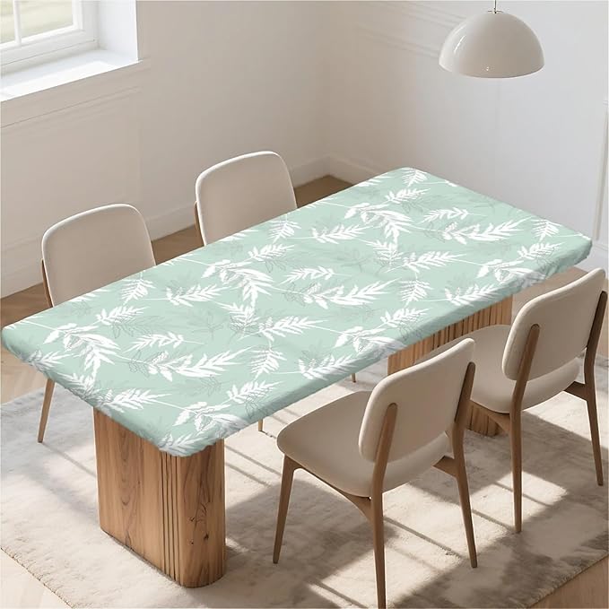 Rectangle Table Cloth Cover Waterproof Elastic Fitted Polyester Fitted Tablecloths for 6 Foot Tables for Indoor,Picnic, Camping, Outdoor （60" x 30"，Palm Leaf）