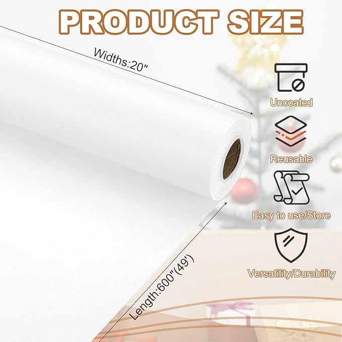 PATIKIL Wrapping Paper, 20" x 600"(49') 70 GSM Craft Paper Roll Kraft Packing Paper for Poster Bulletin Board, Gift Wrapping, White