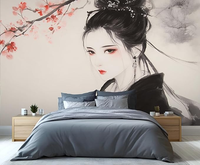 Asian Woman Wall Mural, Oriental Japanese Woman 3D Wall Murals, Ink Style Art Wallpaper Mural, for Living Room Bedroom Large Wallpaper Indoor Decor 177.16" W x120 H