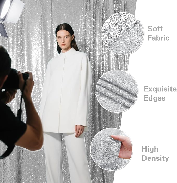 Silver Sequin Backdrop Curtain 2 Pieces 2FTx8FT Glitter Photography Backdrop for Party Wedding Birthday Christmas Decorations