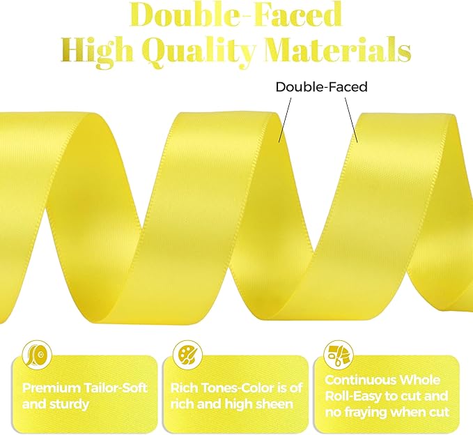 Lemon Yellow Satin Ribbon, Double Faced 7/8 Inch X 25 Yards Lemon Yellow Ribbon, Premium Satin Ribbon for Gift Wrapping, Crafts, Hair Bow Making, Sewing, Flower Bouquet, Wedding Party Decor
