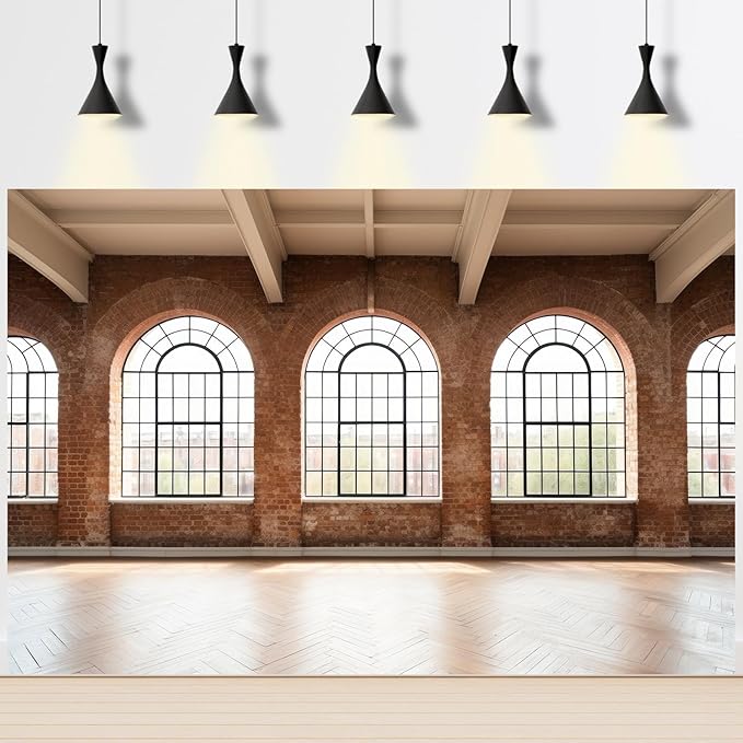 Large Empty Room Backdrop Concrete Walls Wooden Floor with Big Arched Windows Photography Background Empty Loft Style with Brick Wall Photography Decorations Photo Booth Shoot Studio Props 15x10ft