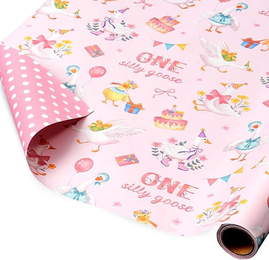 WERNNSAI Silly Goose Birthday Wrapping Paper - 1 Roll 17”x 16.4ft Baby 1st Wrapping Paper Baby Shower Girls Gift Wrap Pink Reversible 1st Birthday Present Packing Decoration Reversible Design