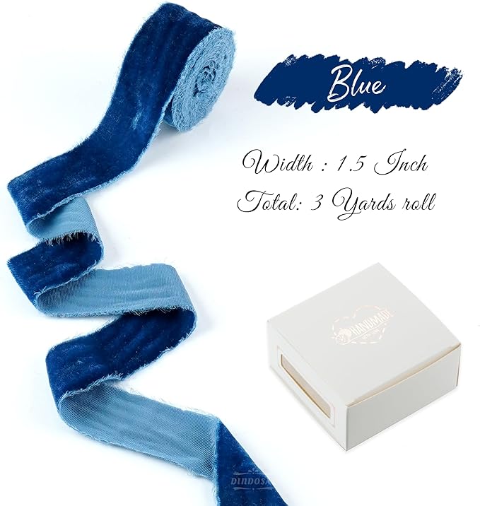Blue Velvet Ribbon 1.5 Inch Hand Frayed Silk Velvet Ribbon Rustic Velvet for Gift Wrapping, Christmas Tree Decor, Wedding Invitation Bridal Bouquet -3yards