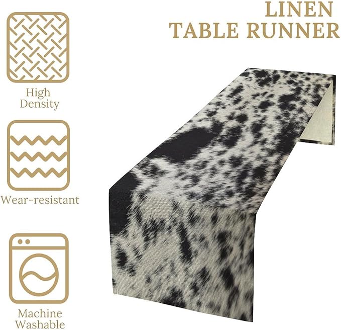 Cow Skin Print Table Runner, Rustic Country Farmhouse Animal Fur Skin Western Farm Black Cowhide Print Dinner Runner Table Decoration for Home Kitchen Dining 13x120in