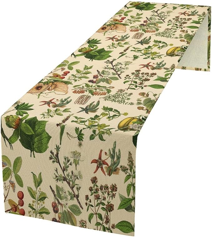 Vintage Botanical Table Runner Rustic Wildflower Plants Herbs Retro Boho Wild Floral Ferns Green Leaf Spring Summer Seasonal Dinner Runner for Home Kitchen Cabin Holiday Party Decor 13x108in