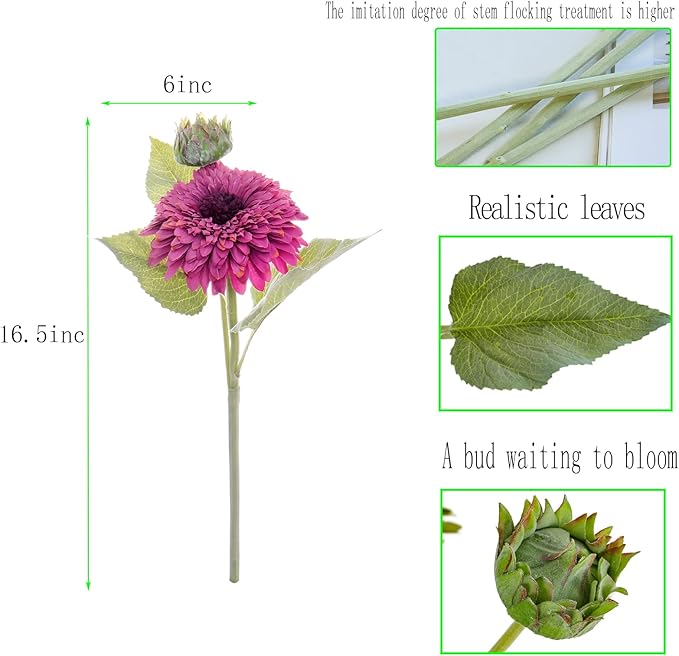 Kimura's Cabin 5Pcs Fake Sunflowers Artificial Silk Flowers Bouquet Long Stems Faux Sunflower Real Touch Chrysanthemum for Wedding Home Garden Birthday Party Indoor Decor(Purple)