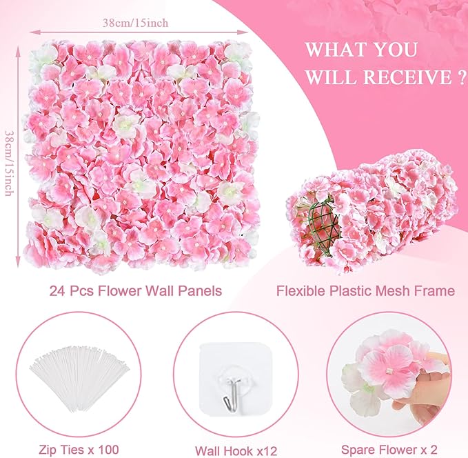 Pink Backdrop Flower Wall Panel: 24 Pcs 3D Silk Flower Wall Backdrop Artificial Hydrangea Floral Backdrop for Wedding Party Birthday Decoration (15 x 15 Inch)