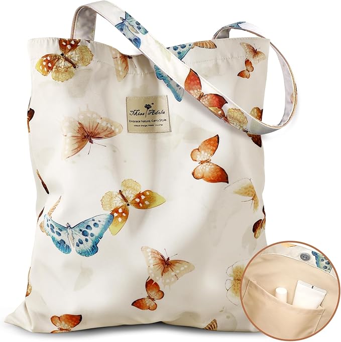 Aesthetic Cotton Tote Bag for Women - Reusable Shoulder Bag with Buckle Fabric Bag for Gym, Travel, Work