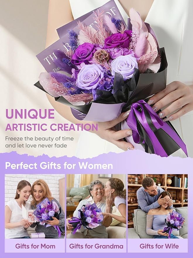 Flowers for Delivery Preserved Flower Fresh Bouquet Forever Flowers Birthday Gifts for Women Mom Anniversary Purple Real Rose Gifts for Grandma Sister Wife Her from Daughter Home Wedding Decor