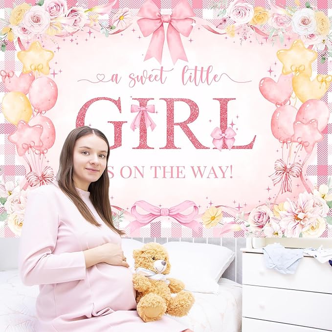 Mocsicka 7x5ft Girl Baby Shower Backdrop Pink Bow Floral Sweet Baby Girl is On The Way Decorations Banner Watercolor Balloon It's a Girl Banner Photo Booth Props (7x5ft (82x60 inch))