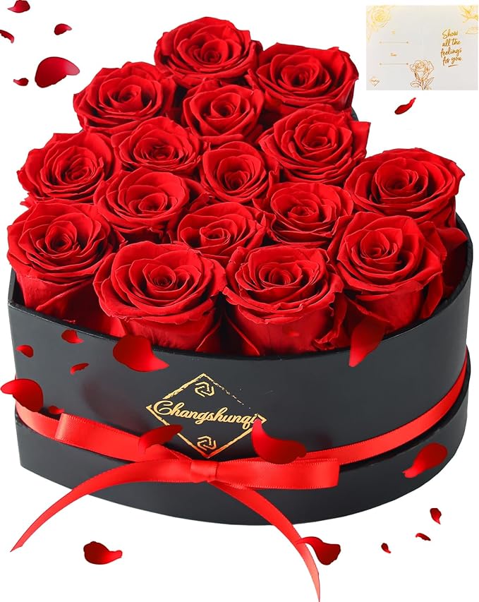 16 Flowers Forever Preserved Roses in Heart Box, Preserved Flowers Womens Birthday Gifts for Women Mothers Rose Gift for Her Romantic Eternal Real Rose for Women Mom Wife