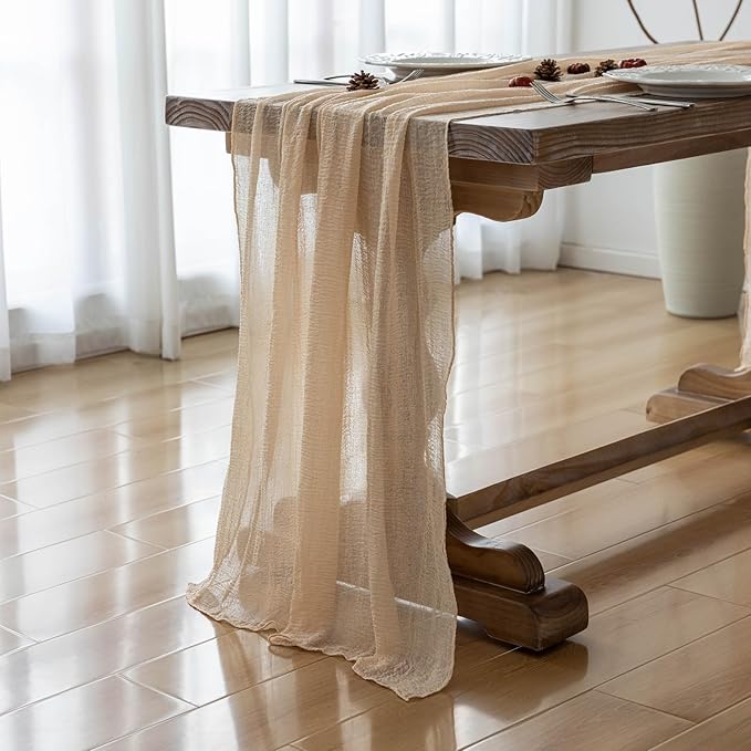 6pcs Deep Beige Cheesecloth Table Runner Rustic Boho Gauze 120 Inch 10 FT Cheese Cloth for Wedding Baby Shower Bridal Shower Birthday Party Long Sheer Home Decorations
