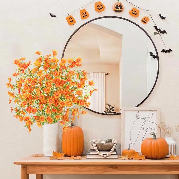 8PCS Fake Fall Flowers Real Touch Silk Flowers,Orange Artificial Flowers for Decorations, Babys Breath Artificial Flowers Bulk for Halloween Thanksgiving Fall Decor (Orange, 8PCS)
