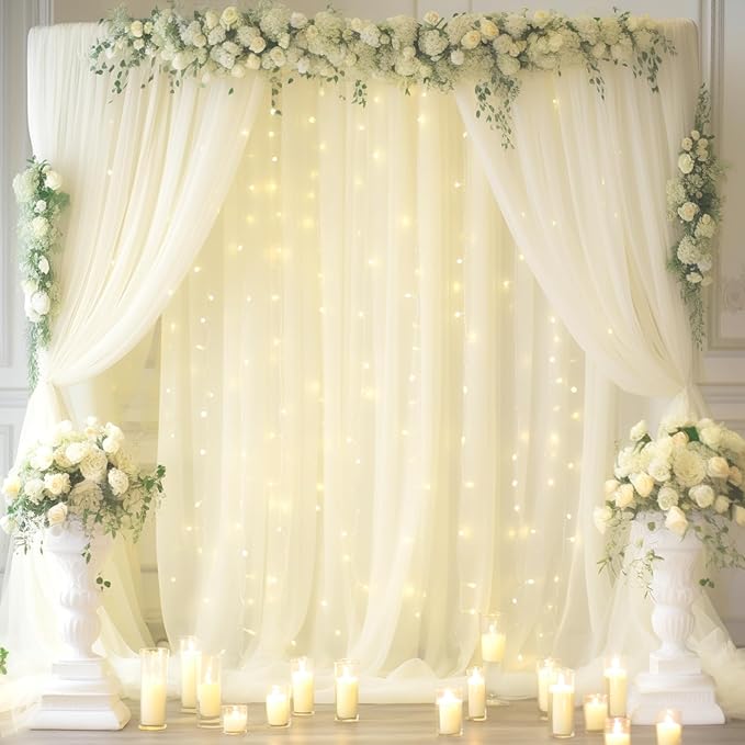 20x8ft Ivory Tulle Backdrop Curtain with Lights String for Parites, Sheer Backdrop Curtains for Wedding Baby Shower Birthday Party Photo Shoot Decorations