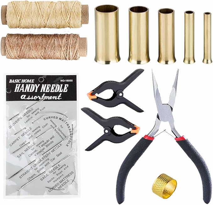 Pine Needle Basket Making Set with Gauge Coiling Tool, Waxed Thread, Needle and Thimble Ring, Long Noce Pliers for Basket Making Rattan Weaving Basketry (Gold Basket Making Set)