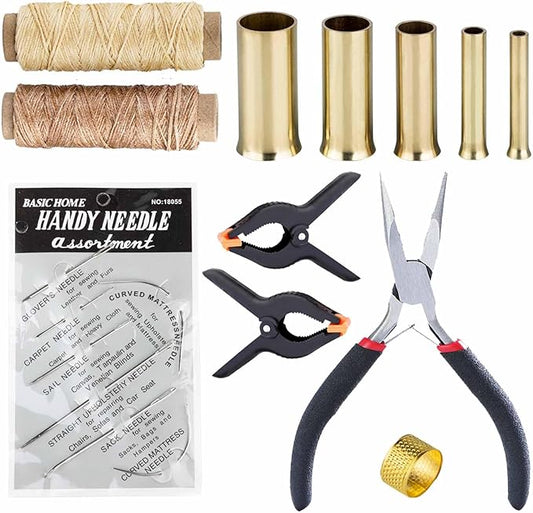Pine Needle Basket Making Set with Gauge Coiling Tool, Waxed Thread, Needle and Thimble Ring, Long Noce Pliers for Basket Making Rattan Weaving Basketry (Gold Basket Making Set)