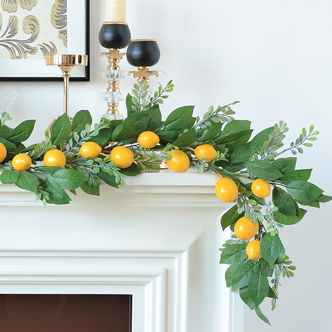Mizii Artificial Lemon Garland 6FT Fake Fruit Lemons Garland Hanging Vines with Green Leaves Greenery Decorations for Kitchen Table Centerpieces Room Wall Party Wedding Birthday Decor (Lemon)