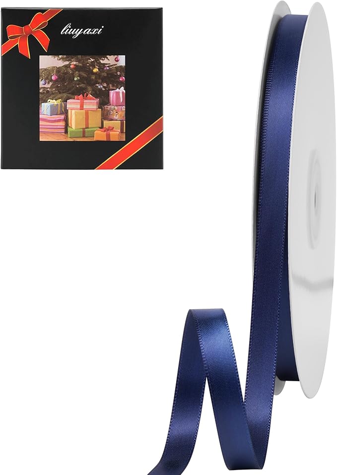 LIUYAXI Navy Blue Double Faced Satin Ribbon, 3/8" X Continuous 100 Yards, Ribbons Perfect for Gift Wrapping Bows Bouquet Wedding Decor DIY Craft and More
