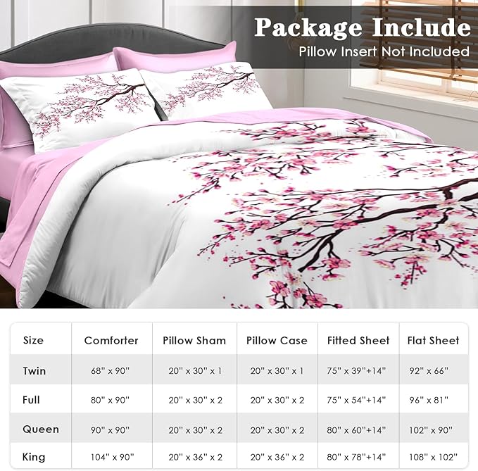 Comforter Set Queen Size, Japanese Cherry Blossom 7 Pcs Bedding for Kids and Adults, Flower Painting Pink Bed Sheet Sets with Fitted Sheet 2 Pillowcase & 2 Sham for Bedroom Bed Decor