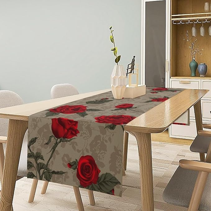 Red Rose Print Table Runner, Romantic Vintage Rose Spring Summer Dinner Runner Table Decoration for Home Kitchen Dining Holiday Wedding Party 13x120in