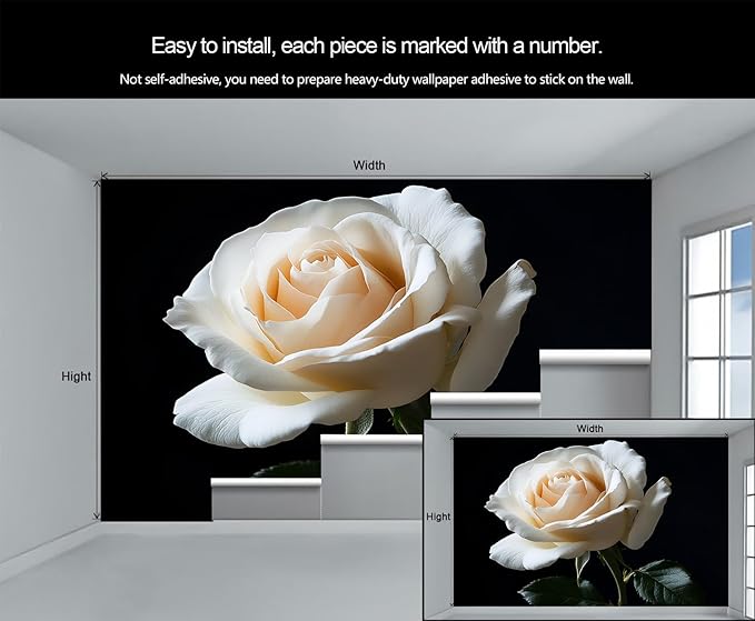 White Rose Wall Mural, Romantic White Rose 3D Wall Murals, Simple Elegant Flowers Wallpaper Mural, for Living Room Bedroom Large Wallpaper Indoor Decor 59" W x39.4 H