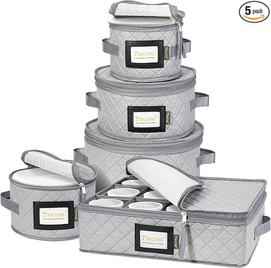 BALEINE China Storage Containers, Sturdy Quilted Wine Glass Storage, Plate Organizer with Carry Handles, Moving Boxes for Dishes, Cups, Mugs and Stemware (Plate Mug Combo, Soft Shell Grey)