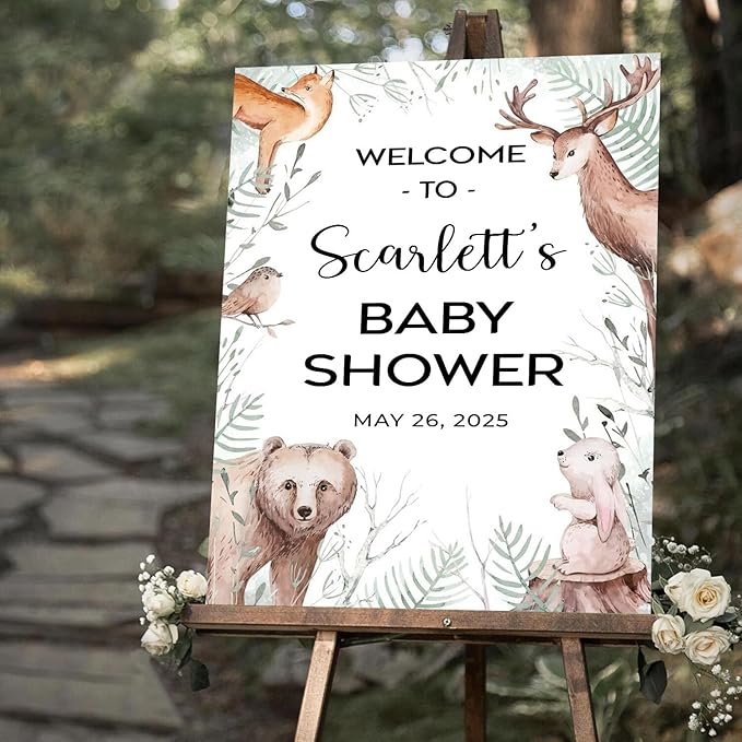Personalized Baby Shower Welcome Sign For Boy Girl, Custom Forest Animal Yard Sign Decorations, Greenery Baby Shower Yard Signs, Cute Forest Animal Decorations Theme, Gender Reveal Sign