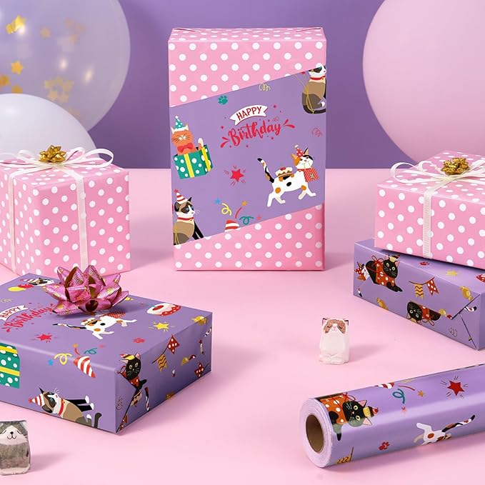 WERNNSAI Cat Birthday Wrapping Paper Roll - 1 Roll 17”x 66 ft Cat Gift Wrapping Paper Pink Purple Reversible Wrapping Paper for Girls Kids Birthday Party Gift Wrap with Polka Dot Design