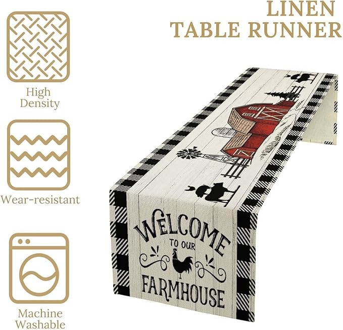 Rustic Farmhouse Table Runner Vintage Western Farm Cow Rooster Red Barn Cabin Country Lodge Dinner Runner for Home Kitchen Dinner Table Party Decoration 13x90in