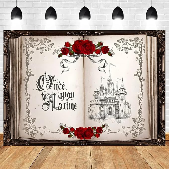 5x3ft Once Upon a Time Backdrop Princess Castle Wedding Party Photography Background Fairytale Book Romantic Story Red Roses Bridal Shower Decorations Birthday Portrait Photo Booth Prop