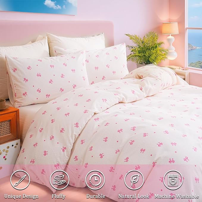 Pink Bow Duvet Cover Set Queen 100% Nature Cotton Duvet Cover 3 Pcs Girls Cute Comforter Cover with Zipper Closure Ultra Soft Breathable Bedding Set for All Seasons