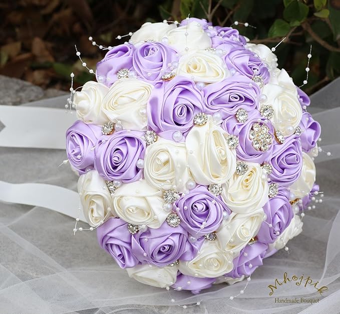 Bridal Wedding Bouquet Round Bling Brooch Bouquet Throw Toss Artificial Rose Flower Bunch for Bride Bridesmaid Wedding Quinceanera(Light Purple & Ivory, 7.5")
