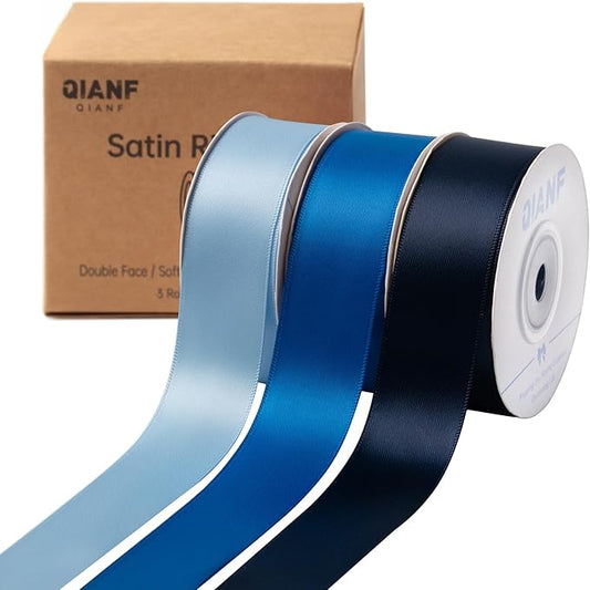 Blue Double Face Satin Ribbon 1 Inch x 45 Yards Baby Blue/Royal Blue/Navy Fabric Ribbon for Gift Wrapping, Flower Bouquets, Hair Bows Making, Wedding Decor, Invitation Cards (3 Rolls *15Yd)