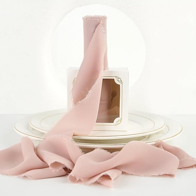 MEEDEE Dusty Rose Chiffon Ribbon 3 Inch Fringe Ribbons Dark Pink Chiffon Silk Frayed Edge Ribbon Wide Chiffon Ribbons for Crafts, Flower Bouquet, Wedding Favors Wrapping (2 Rolls 10 Yards)