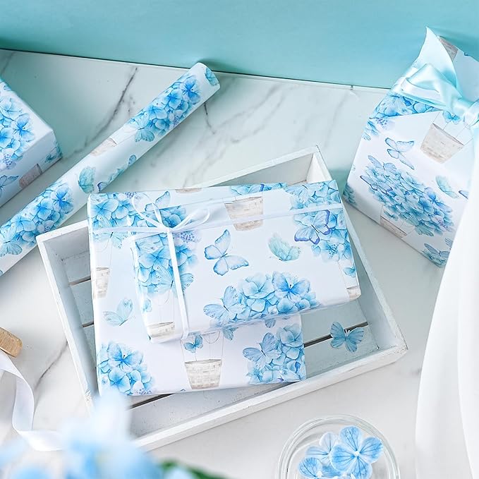 LeZakaa Blue Hydrangea Wrapping Paper Roll for Girls Kids, Hydrangea Flowers & Watercolor Butterfly Party Gift Wrap for Wedding, Baby Shower, Mother's Day, Birthday, Mini Roll, 17 inches x 16.4 Feet