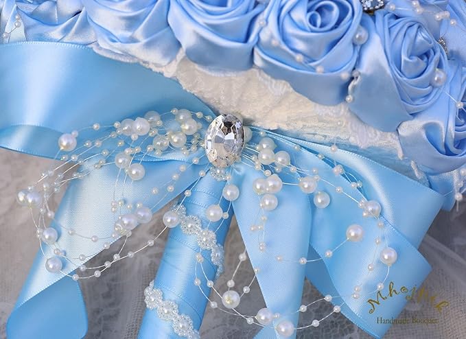 Bridal Wedding Bouquet Round Bling Brooch Bouquet Throw Toss Artificial Rose Flower Bunch for Bride Bridesmaid Wedding Quinceanera(Light Blue, 7.5")