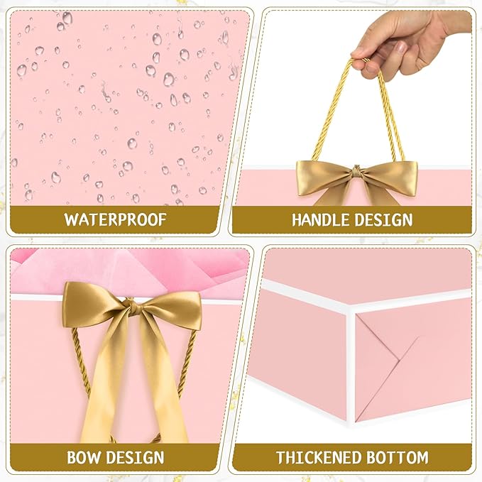 JMANNI Gift Bag, Medium Gift Bags with Tissue Paper, 2Pcs Gift Bags Medium Size with Handle and Bow Ribbon for Any Birthday,Weddings, Mothers Day & Special Occasion 11''x7.87''x4''(Pink-White)